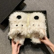Women Fluffy Dog Slippers, New Warm Non-Slip House Shoes, Cute Apartment Footwear - Beige - View 2