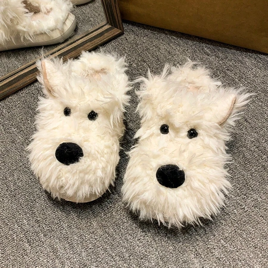 Women Fluffy Dog Slippers, New Warm Non-Slip House Shoes, Cute Apartment Footwear - Beige - View 1