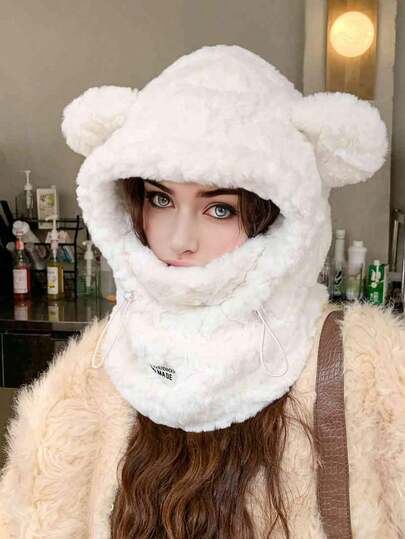 1 pieza Gorro con orejeras de invierno para mujer, orejeras cálidas con diseño de oso lindo, conjunto de máscara y bufanda gruesa, adecuado para uso diario, salidas, reuniones, playa, viajes