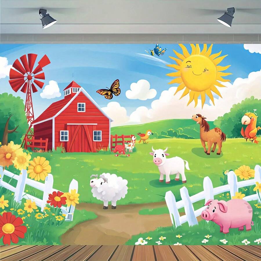 1 pièce, Toile de fond de dessin animé d'animaux de ferme, matériau en polyester, bannière de fête 3D, grange rouge, clôture blanche, prairie ensoleillée, multifonctionnel, convient pour les fêtes, les chambres à coucher, les salons, les bureaux, les décorations de fête, sans alimentation électrique