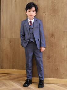 4 peças Conjunto de Terno Formal para Meninos Jovens - Jaqueta + Colete + Calça + Gravata Listrada Vermelha, Terno para Casamento, Festa, Evento de Apresentação, Outono