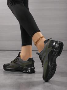 女士防滑耐磨气垫跑步鞋，系带时尚休闲旅游鞋，防水轻便减震运动鞋 - 墨綠色 - 查看 5