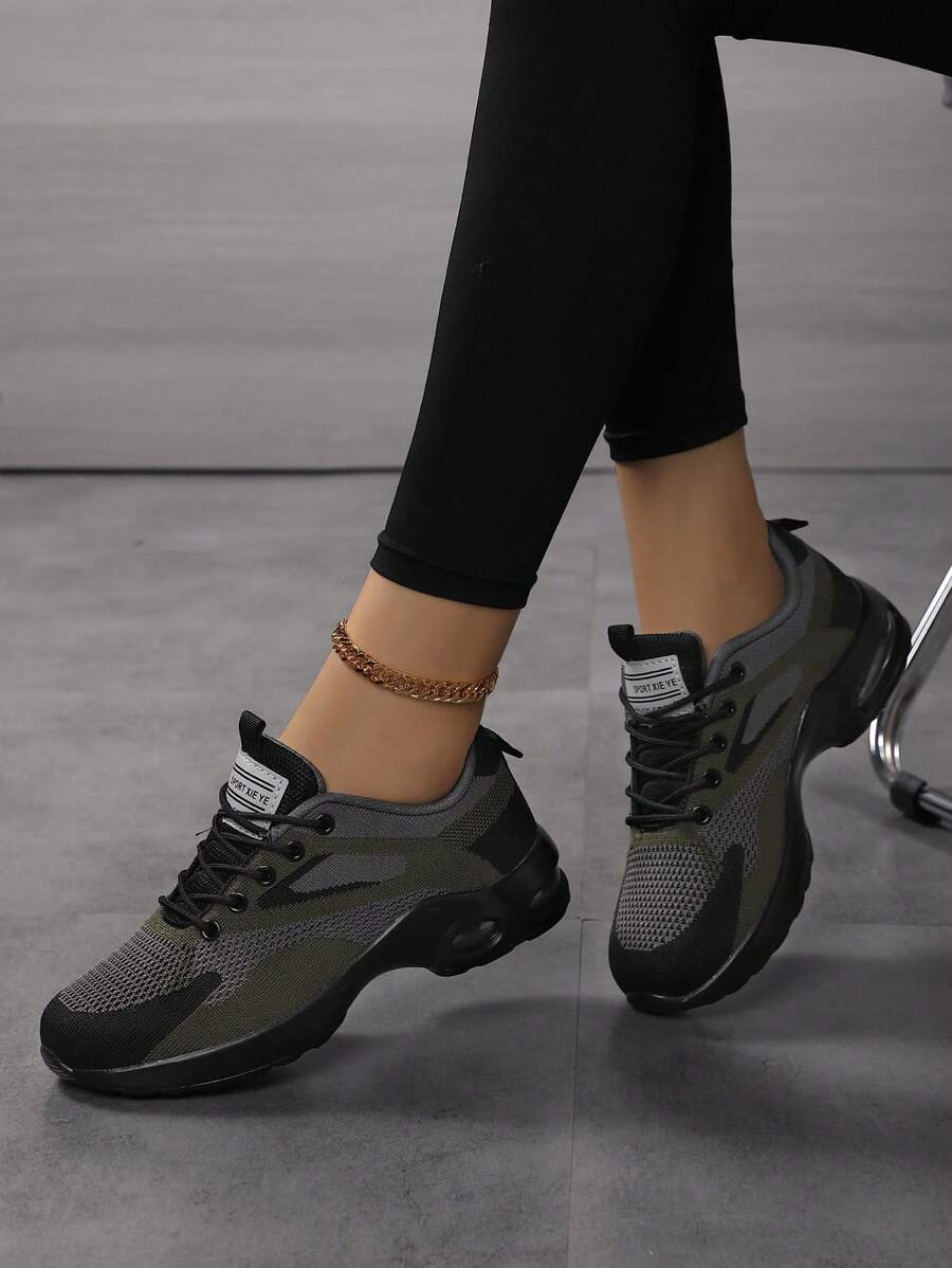 女士防滑耐磨气垫跑步鞋，系带时尚休闲旅游鞋，防水轻便减震运动鞋 - 墨綠色 - 查看 1