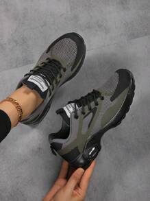 女士防滑耐磨气垫跑步鞋，系带时尚休闲旅游鞋，防水轻便减震运动鞋 - 墨綠色 - 查看 2