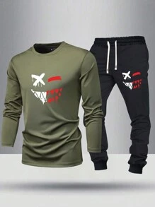 2 件男士常规款长袖 T 恤和抽绳运动裤套装，适合春秋季休闲印花服装 - 黑色 - 查看 1