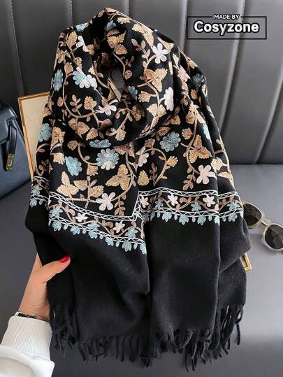 1 件女士仿羊绒刺绣柔软围巾，厚实保暖流苏波西米亚风格旅行斗篷披肩，秋冬