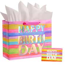 13 inch grote Happy Birthday-cadeautas met vloeipapier, kaart en handvatten voor een verjaardagsfeestje voor vrouwen (regenboogstrepen)