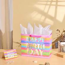 13 inch grote Happy Birthday-cadeautas met vloeipapier, kaart en handvatten voor een verjaardagsfeestje voor vrouwen (regenboogstrepen)