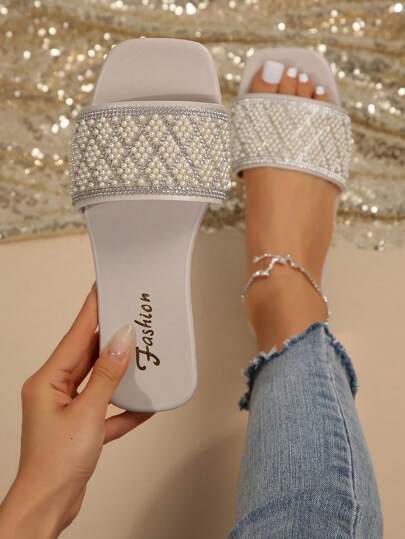 Ramadan New Women Sandals Slippers, Fashion Style Flat Sandals, Slip-On Sandals Large Size, Pearly Decor Casual Flats, Square Toe Flats Sandals, Slip-On Flat Sandals For Leisure, Beige Flat Slippers, Strap Flat Sandals, Women Summer Beach Sandals