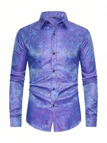 男士佩斯利提花图案商务休闲衬衫 - 藍色 - 查看 6