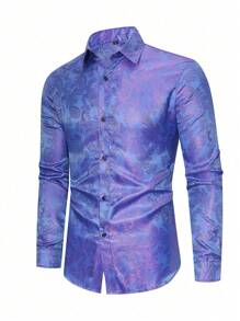 男士佩斯利提花图案商务休闲衬衫 - 藍色 - 查看 1