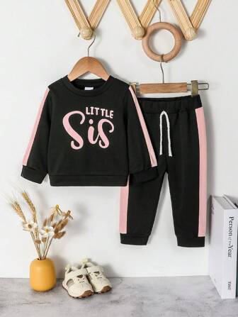 2 件套女婴休闲时尚圆领字母印花运动衫和裤子套装，春秋季