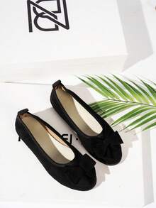 Ballerine nere da donna con punta tonda, basso gambo, decorazione fiocco, taglie forti, slip-on, design minimalista versatile di moda, comoda e leggera, scarpe da ufficio - nero - Visualizzare 3