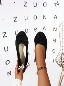 Ballerine nere da donna con punta tonda, basso gambo, decorazione fiocco, taglie forti, slip-on, design minimalista versatile di moda, comoda e leggera, scarpe da ufficio - nero - Visualizzare 2