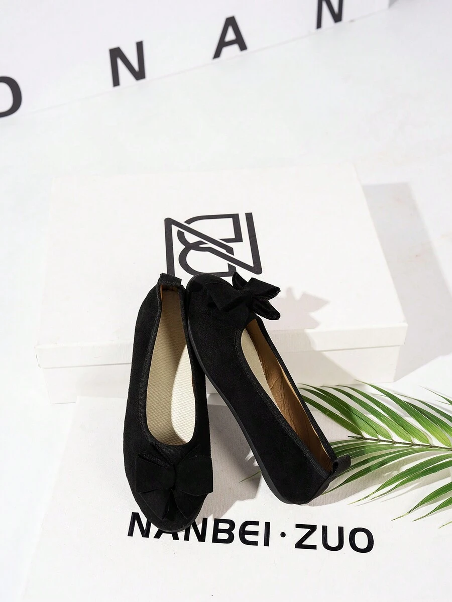 Ballerine nere da donna con punta tonda, basso gambo, decorazione fiocco, taglie forti, slip-on, design minimalista versatile di moda, comoda e leggera, scarpe da ufficio - nero - Visualizzare 1