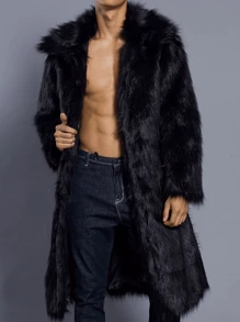 新款男士方领蓬松长款大衣，适合秋冬 - 黑色 - 查看 6