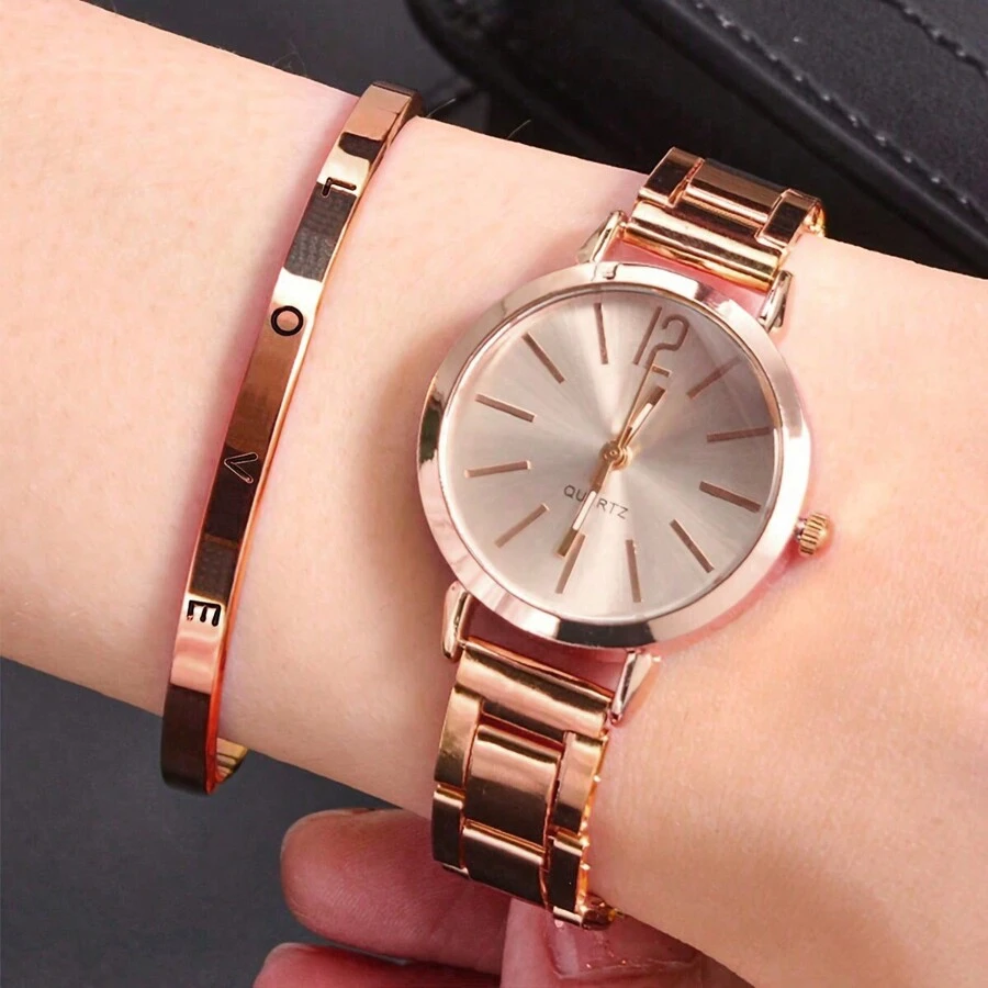 2pcs/Set Fashion Alloy Ladies Quartz Watch With Metal Bracelet Love Watch Set - Rose Gold - View 1