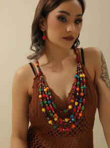 Collar con colgante de cuentas multicapa hecho a mano, conjunto de collar y aretes de cuentas de madera bohemio, accesorios de moda para fiesta/vacaciones - Multicolor - Ver 10