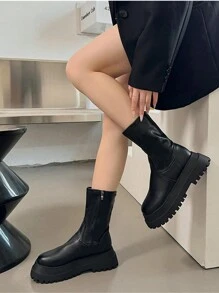 Botas de media pantorrilla de unicolor para mujeres, con cierre de cremallera lateral, cómodas para usar todo el día, adecuadas para vestimenta formal y exteriores, con tacón grueso y antideslizante, botas cálidas para otoño/invierno