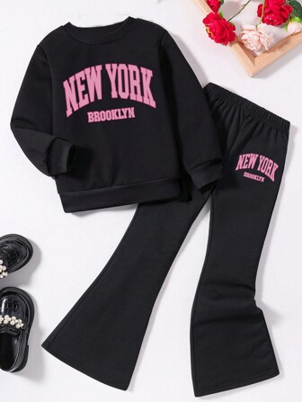 Tween Girl Crew Neck Long Sleeve Letter Print Simple Top And Pants Casual Outfit