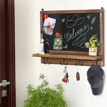 UNHO Wall Mounted Chalkboard 42x30cm Kitchen Blackboard Memo Board Family Message Board Rustic Wooden Frame Board Sign With Hooks For Keys Hats Coats - Brown - View 4