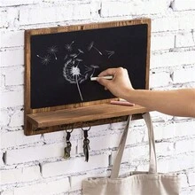 UNHO Wall Mounted Chalkboard 42x30cm Kitchen Blackboard Memo Board Family Message Board Rustic Wooden Frame Board Sign With Hooks For Keys Hats Coats - Brown - View 3