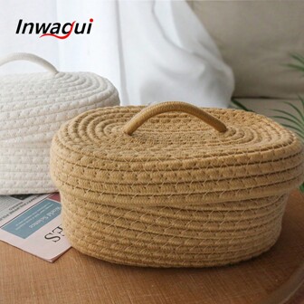 Inwagui 1 pezzo Cestino intrecciato in corda con coperchio, piccolo organizer da scrivania per oggetti vari come chiavi, cosmetici, cancelleria, cestino decorativo per bagno, camera da letto, soggiorno, dormitorio
