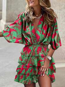 Fox Claw Bohemian Waisted V-Neck Dresses For Women - 綠色 - 查看 2
