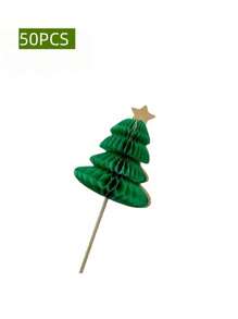 5 件/10 件/50 件水果签、玻璃饮料搅拌器、3D 圣诞树形竹串，适用于蛋糕、甜点、汉堡、圣诞派对、餐桌装饰促销