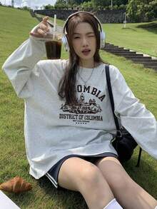 レトロ柄ゆったりカジュアルロングスリーブTシャツ、秋冬に活躍 - ライトグレー - チェックする 5