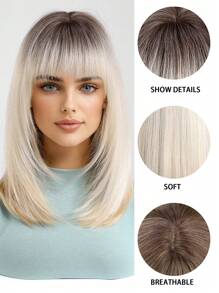 14-Inch Brown Gradient Gold With Layered Bangs Mid-Length Straight Hair Synthetic Woven Synthetic Fiber Wig Women's Wig For Holiday Travel Home Party Cosplay Everyday Use - 漸變金色 - 查看 7