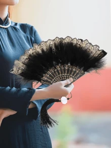 D EXCEED 1/2/3/4/5/6件扇子 金扇 小手扇 新娘羽毛扇 女士派对扇 羽毛图案扇 飞来扇 新娘扇 折叠表演扇 女士扇 手拿万圣节配饰 - 多色 - 查看 3