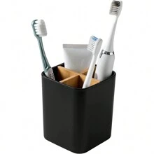 1PC Bamboo-Toothbrush Holders-Multifunctional-Electric Toothbrush-Storage Box-Natural Tough-Toothpaste-Holder Suitable For Bathroom Countertops, Sink, Etc. Home Bathroom Decor Fall Decor Back To School - Black - View 4