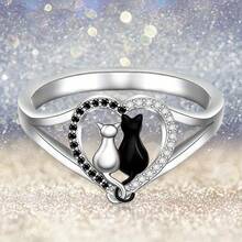 Anillos con diseño de gato blanco y gato negro en forma de corazón - Regalo para familia y amigos, cumpleaños y Navidad - Plateado - Ver 11