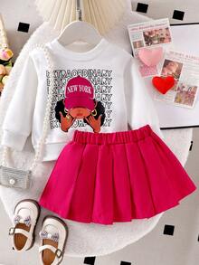 Bộ 2 áo nỉ in chữ "Cool Girl" và chân váy xếp ly cho bé gái hoạt hình - Màu Hồng Tươi - Xem 3
