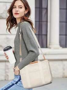 New Fashion Large Capacity Women Tote Bag, Multi-Pocket Casual Shoulder Crossbody Handbag, Canvas Material, Versatile Mother/ Bag With Detachable Inner Pouch And Color Block - Beige - View 7