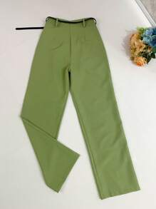 Women's Set: Summer Sleeveless Solid Color Round Neck Top And Wide Leg Pants With Belt And Bag - Olive Green - View 6