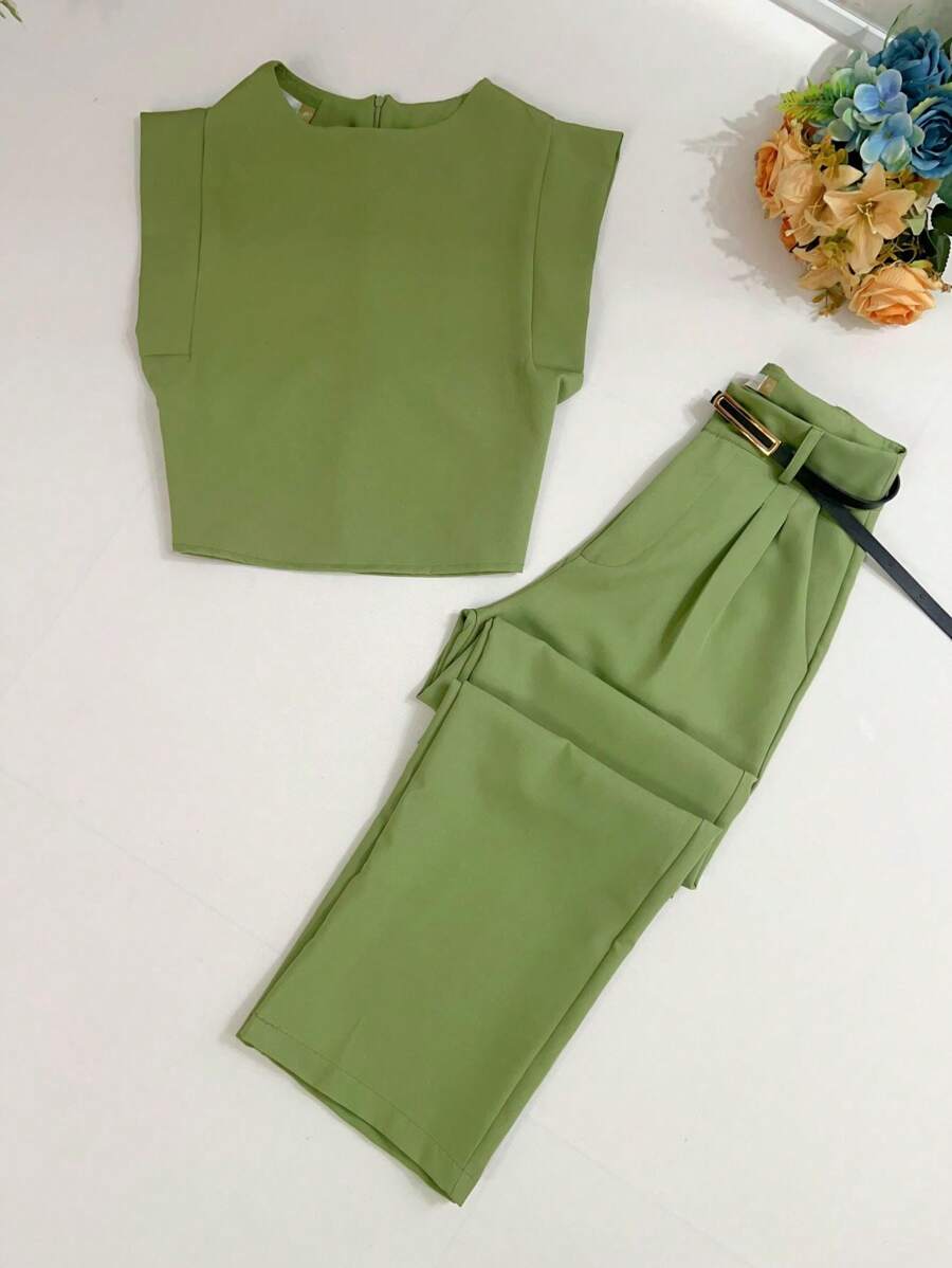 Women's Set: Summer Sleeveless Solid Color Round Neck Top And Wide Leg Pants With Belt And Bag - Olive Green - View 1