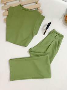 Women's Set: Summer Sleeveless Solid Color Round Neck Top And Wide Leg Pants With Belt And Bag - Olive Green - View 2