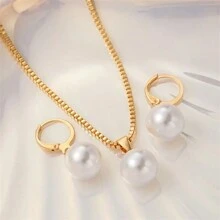 3pcs/Set Elegant Vintage Jewelry Set With Faux Pearl - Minimalist Pendant Necklace And Earrings Set, Women, Gold Color, Suitable For Daily Wear, Parties, Valentine's Day Gift - Multicolor - View 6