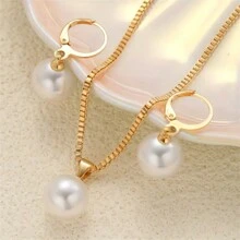 3pcs/Set Elegant Vintage Jewelry Set With Faux Pearl - Minimalist Pendant Necklace And Earrings Set, Women, Gold Color, Suitable For Daily Wear, Parties, Valentine's Day Gift - Multicolor - View 3