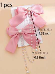 1pc Pearl Chain Bow Hair Clip Cute Fragrant Sweet Little Girl Princess Tassel Head With Girl Pearl Hair Accessories Clip (Card For Display Only) - Pink - View 6