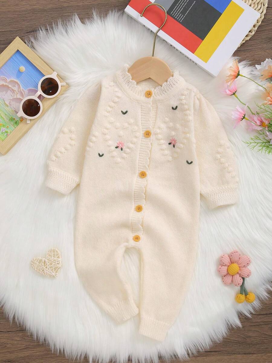 Baby Girl Floral Print Loose Knit Romper - Beige - View 1