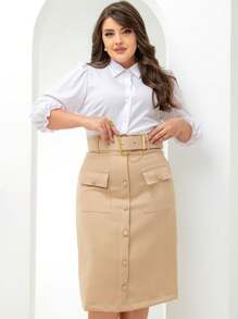 Elegant Tailored Midi Skirt With Belt And Pocket Evangelical Fashion - 米色 - 查看 3