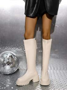 Giày bốt cao đến đầu gối màu trơn chống trượt đế dày thời trang dành cho nữ, mùa thu đông 2024 mới, phong cách, đa năng - Màu be - Xem 2