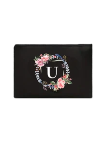 1 套黑色亚麻手提包，带 A-Z 花卉印花设计，带化妆包，简约优雅，个性化伴娘婚礼礼品包，化妆包，旅行简易收纳包，纯色化妆品钱包，大容量旅行化妆包，圣诞节最佳教师礼物 - 黑色 - 查看 25