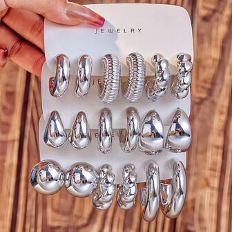 2-18 Pcs New Fashion European & American UV Coated Silver Water Drop Exaggerated C-Shape Acrylic Resin Earring Set