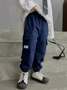 4 件套多口袋年轻男孩时尚工装裤，适合全年休闲穿着 - 寶藍色 - 查看 4