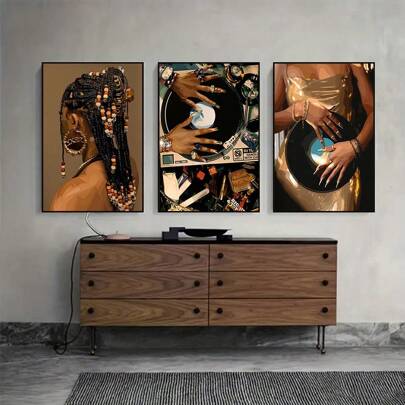 3pcs Unframed Modern Fashion Canvas Painting, Beautiful Stylish African American Woman Portrait, European And American Female Artwork Canvas Wall Decor, Minimalist Printing For Home & Bedroom Decoration - Elegant And Fashionable Wall Art,Poster Gifts Birthday Graduation