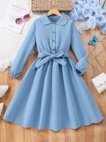 Big Tween Girl' Stand Collar Long Sleeve Solid Color Cinched Waist Casual Dress